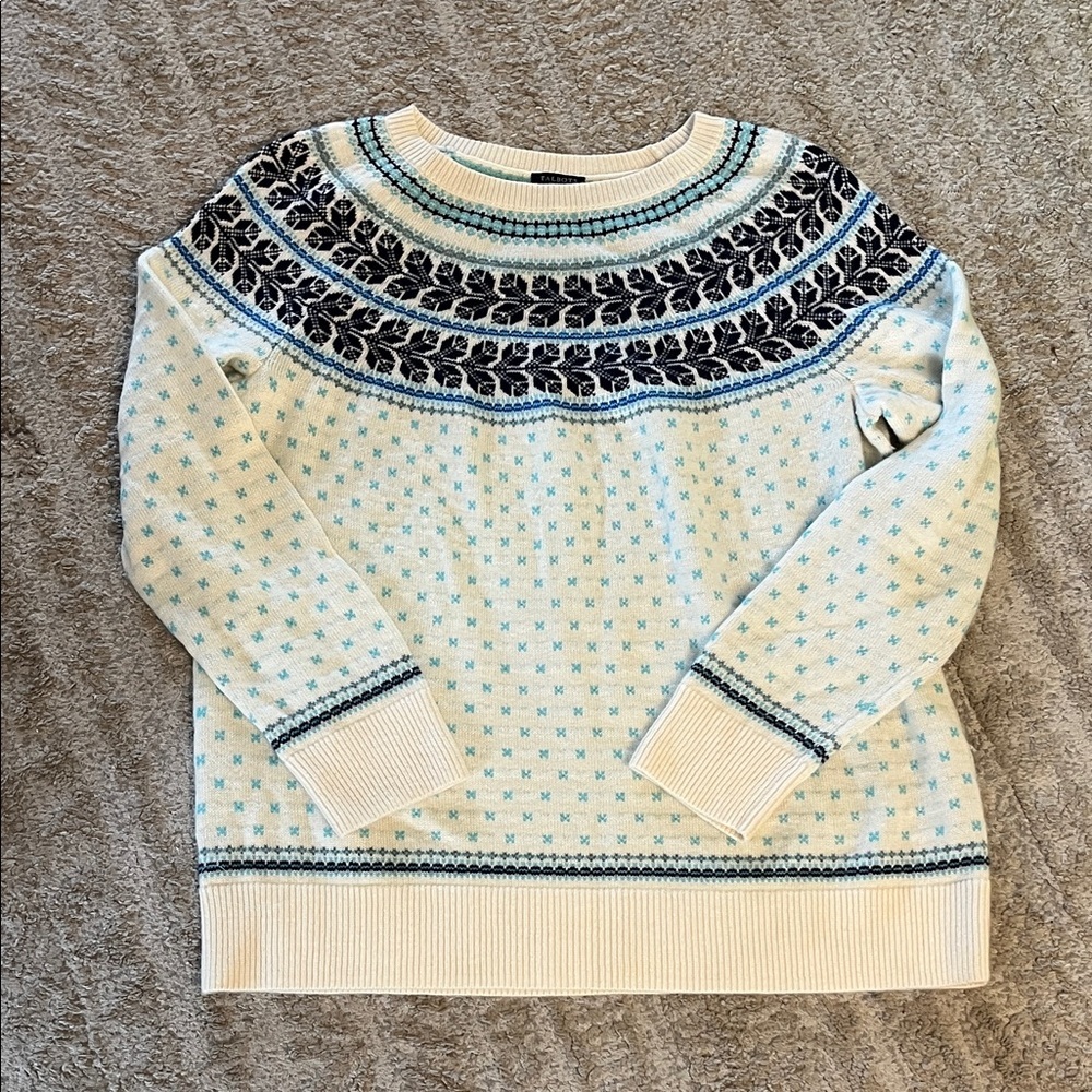 Talbots Blue and White Fair Isle Lambswool Nordic Pullover Crewneck Sweater 1xP